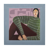 Zoy Wooden Framed Print - square wall art of a seated woman in a striped green jumper, painted in flat multicoloured style against abstract pink shapes, light blue wooden frame.