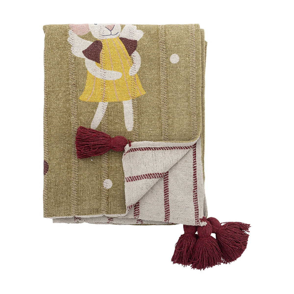 Peo Striped Christmas Throw in green, folded to show a printed mouse-angel motif with stars and dots on one side and a cream striped reverse with burgundy tassels, on a white background.