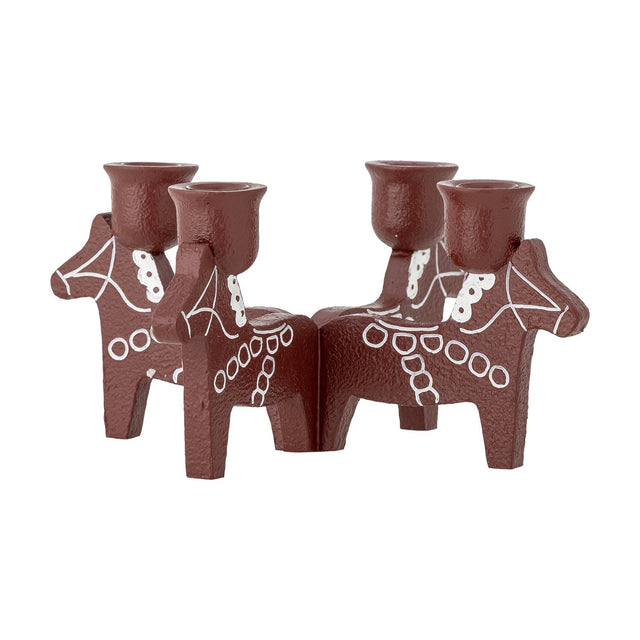 Siffer Resin Advent Candle Holder in red, featuring four joined horse figures with white folk-style harness and ring patterns, each holding a candle cup, on a plain white background.