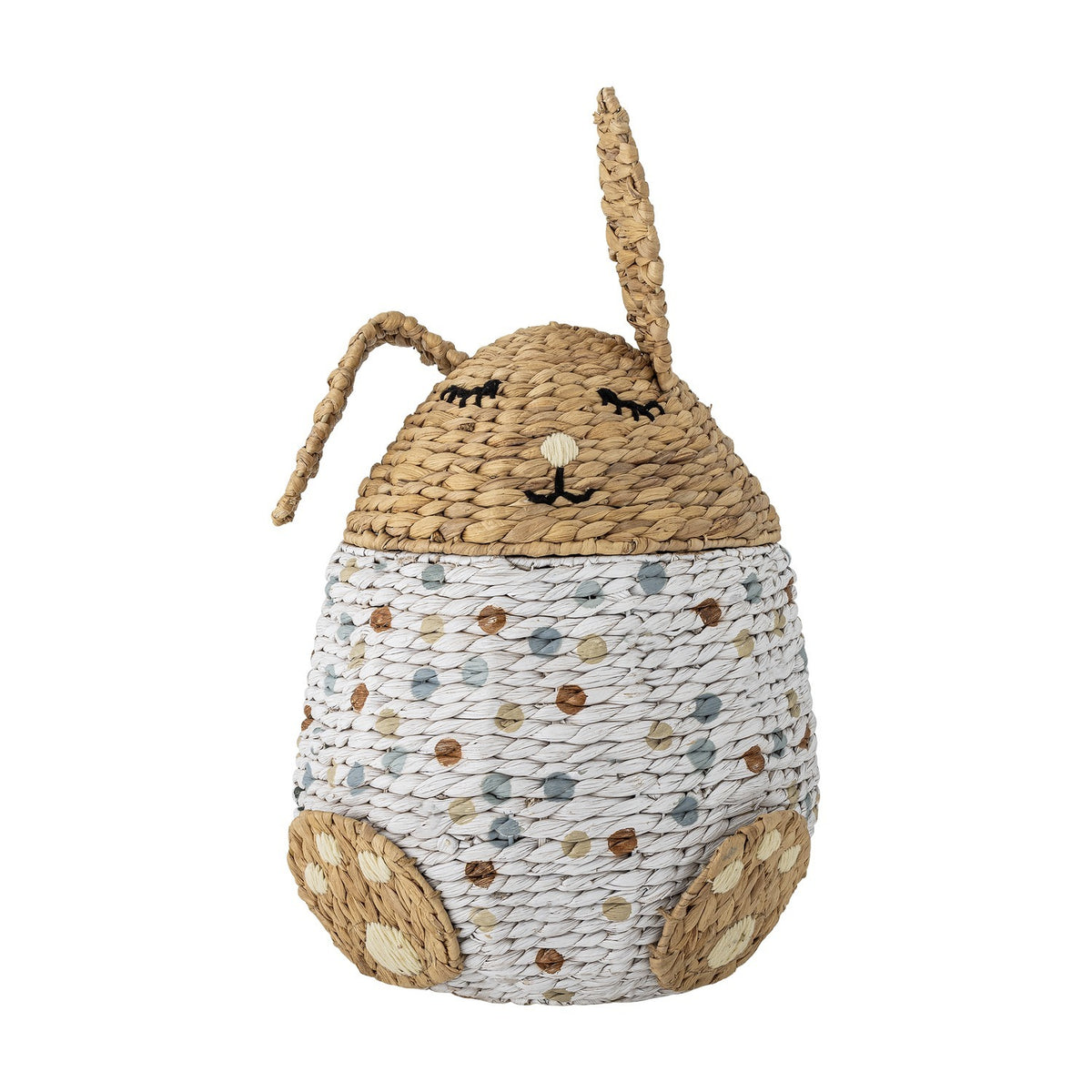 Villja Rabbit Water Hyacinth Basket with Lid in Multi, a kids storage basket shaped like a sleeping rabbit with woven ears, stitched face details, and a polka-dot body, shown on white.