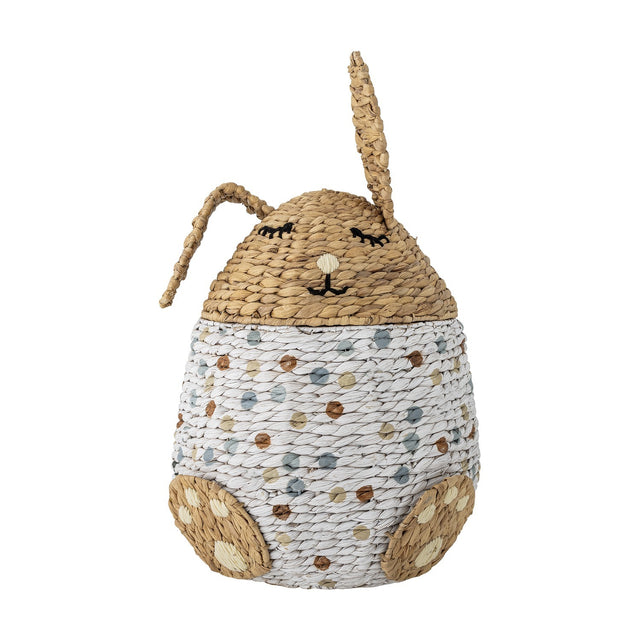 Villja Rabbit Water Hyacinth Basket with Lid in Multi, a kids storage basket shaped like a sleeping rabbit with woven ears, stitched face details, and a polka-dot body, shown on white.
