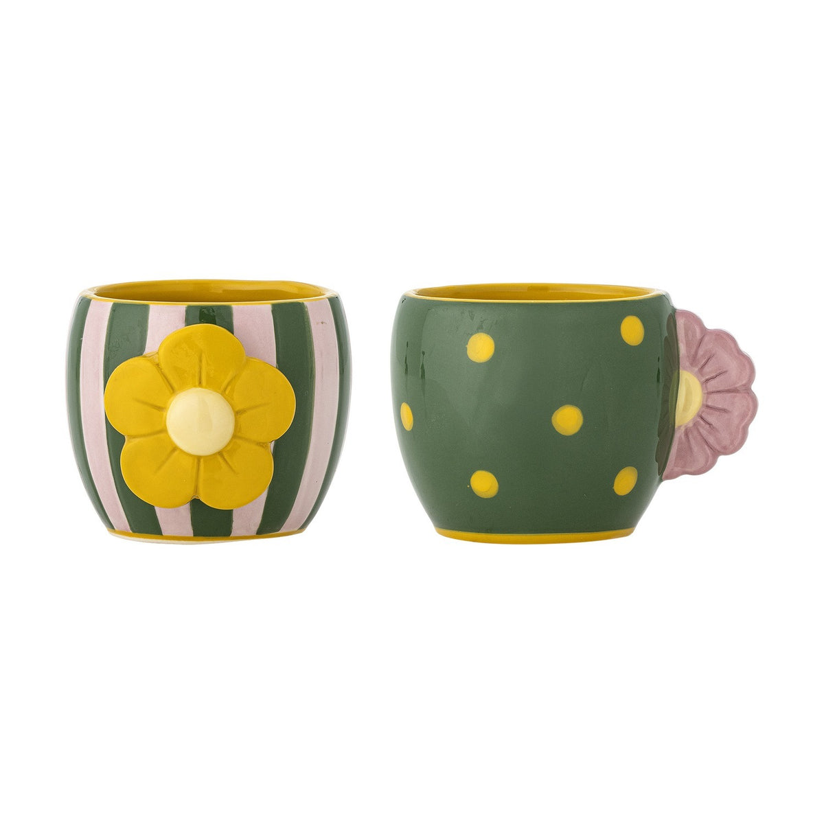 Haisy Green Striped Stoneware Cups 200ml Set of 2 - Multi
