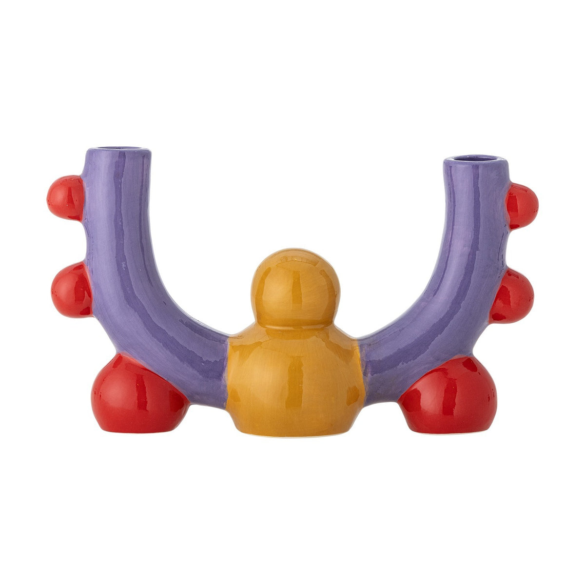 Edivia stoneware candle holder for two candles, U-shaped purple arms with red ball accents and a central yellow figure, on a plain white background.