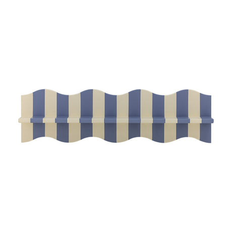 Bubbi Striped Wall Shelf with scalloped wave edges and bold vertical blue and cream stripes, lacquered MDF, shown on a plain white background.