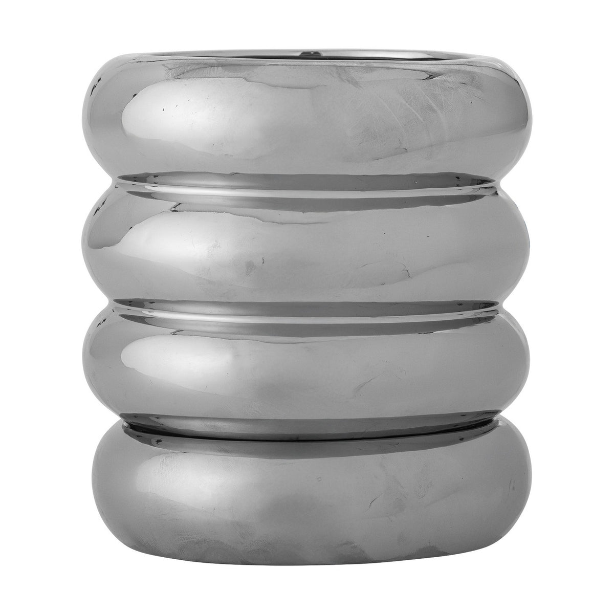 Shine Stoneware Plant Pot with Saucer in silver, featuring four stacked rounded rings for a glossy, reflective finish, shown on a plain white background.