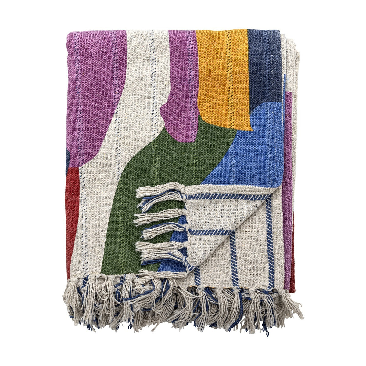 Artista Cotton Throw in Multi, folded to show abstract colour-block shapes in purple, green, blue and yellow with knotted fringe tassels, on a plain white background.