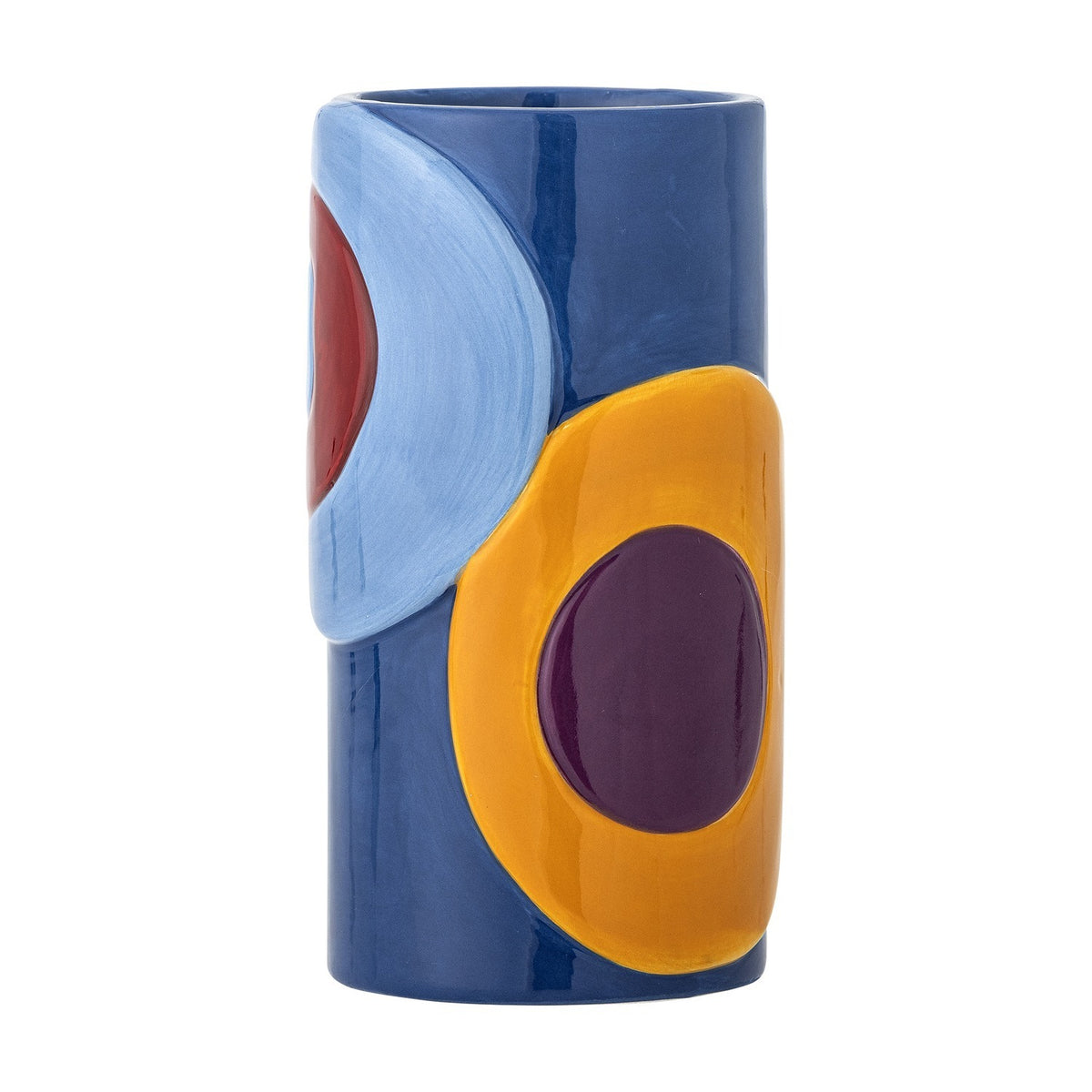 Polivia Ceramic Vase 18cm in Multi, a cylindrical high-gloss dolomite vase with bold overlapping circles in navy, light blue, mustard and burgundy, shown against a plain white background.