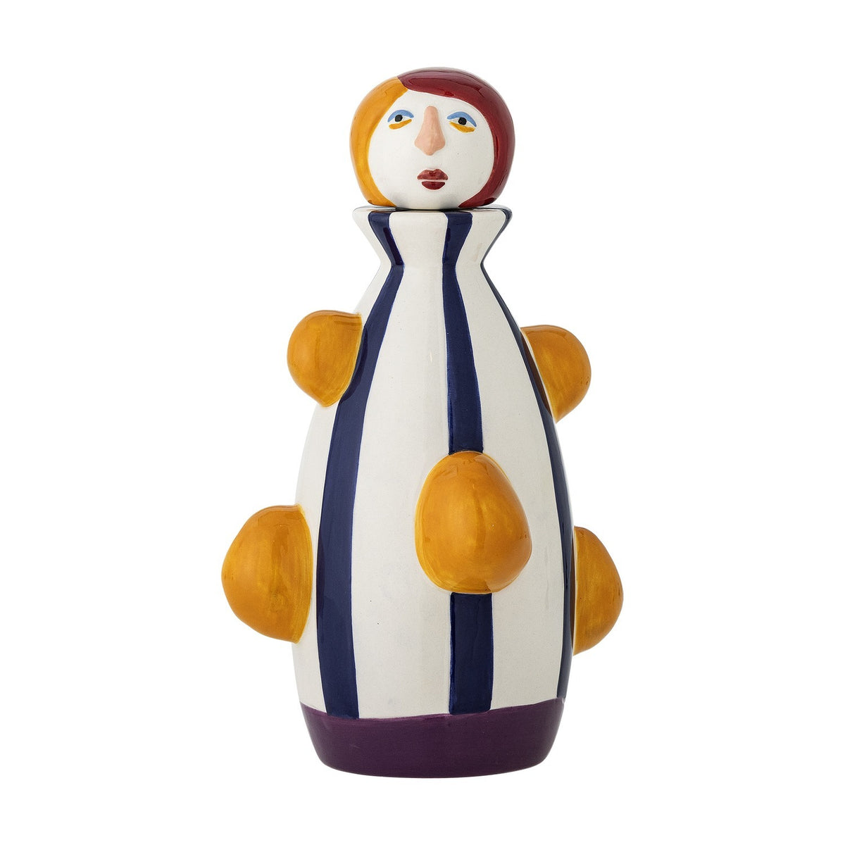 Conneli Ceramic Candle Holder in Multi, a tall figure-shaped dolomite piece with a painted face, bobbed hair, vertical stripes and rounded side bumps, shown on a plain white background.