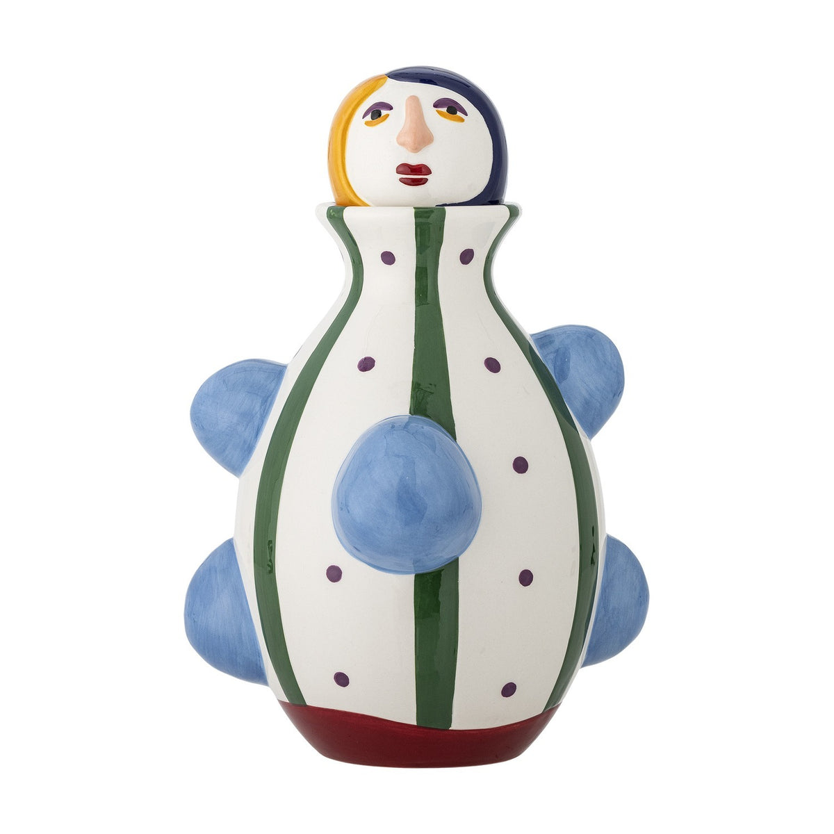 Conneli Ceramic Vase 33cm in Multi, figure-shaped with a painted face, green and red stripes, purple dots, and rounded blue knobs on a white body, shown on a plain white background.
