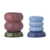 Tana Speckled Tealight & Candle Holders Set of 2 in stoneware, featuring a rounded dusky pink holder and a ribbed pale blue holder, each on a contrasting domed base.