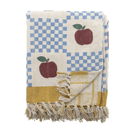 Gala Cotton Throw in Multi, folded cotton throw printed with red apples between blue check panels, finished with a mustard border and knotted fringe, shown on a white background.
