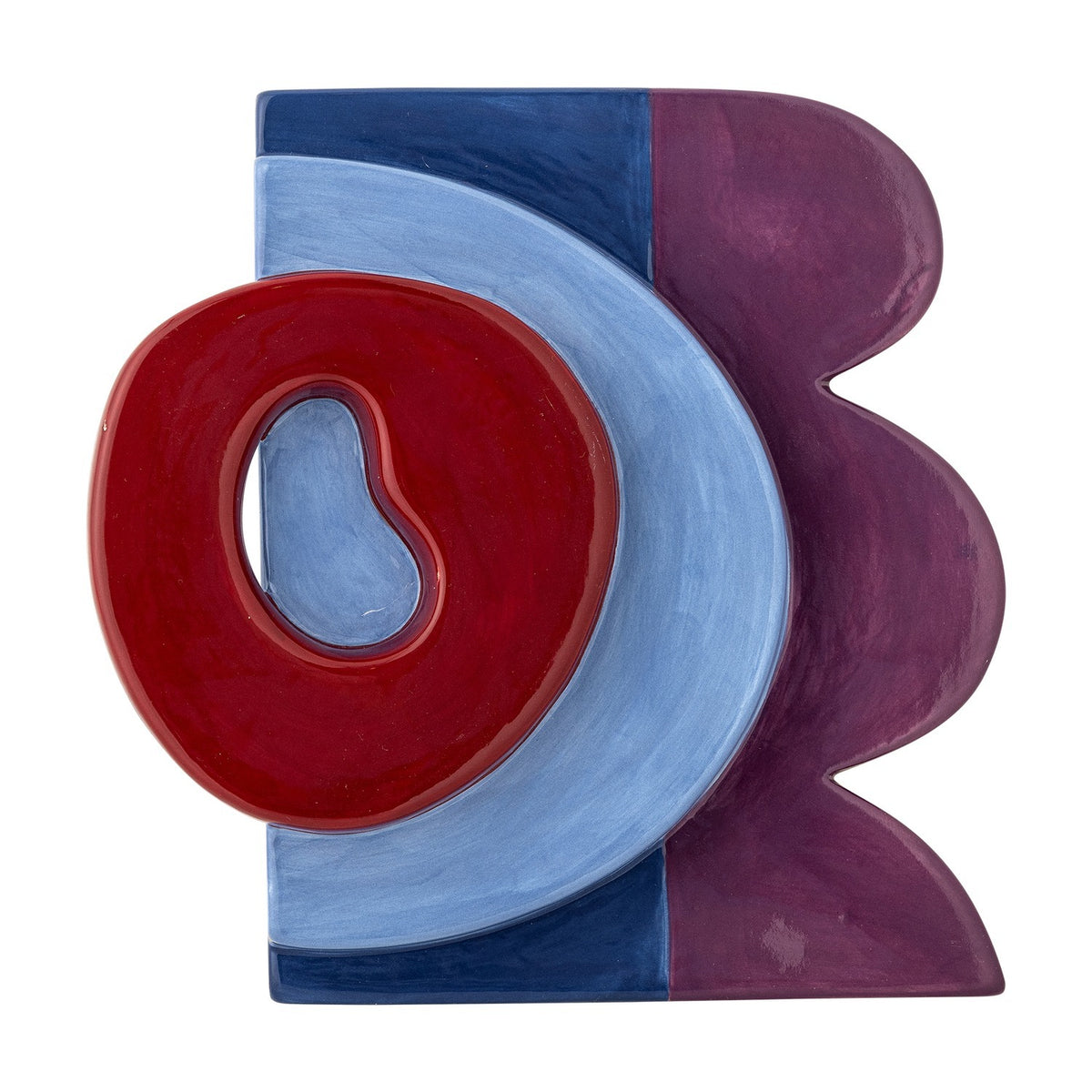 Polivia Ceramic Wall Decor in multicoloured dolomite, with a red ring over a pale blue arc and a navy and plum panel with a wavy edge, shown on a white background.