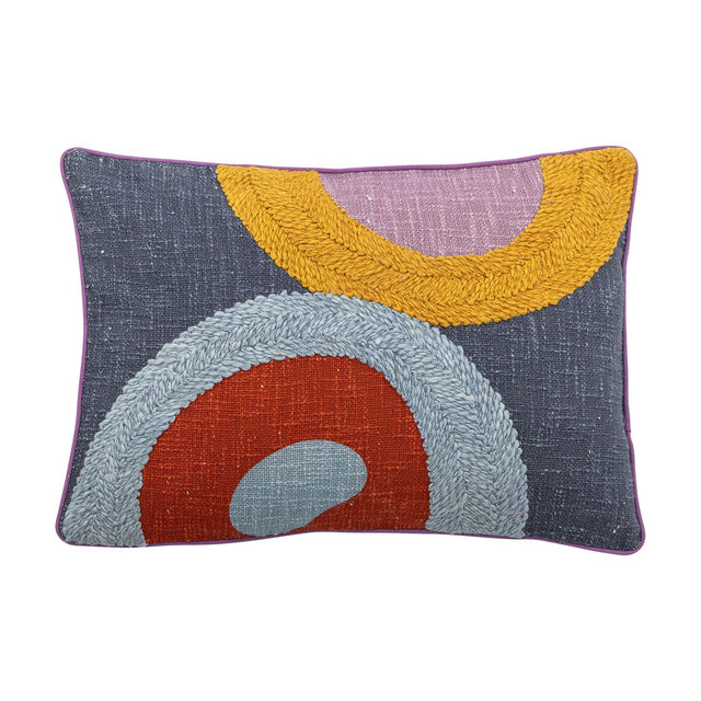 Polivia Cotton Cushion in multi, rectangular with embroidered curved bands in mustard, pale blue and rust on a charcoal flecked cotton ground, purple piped edge, on a white background.