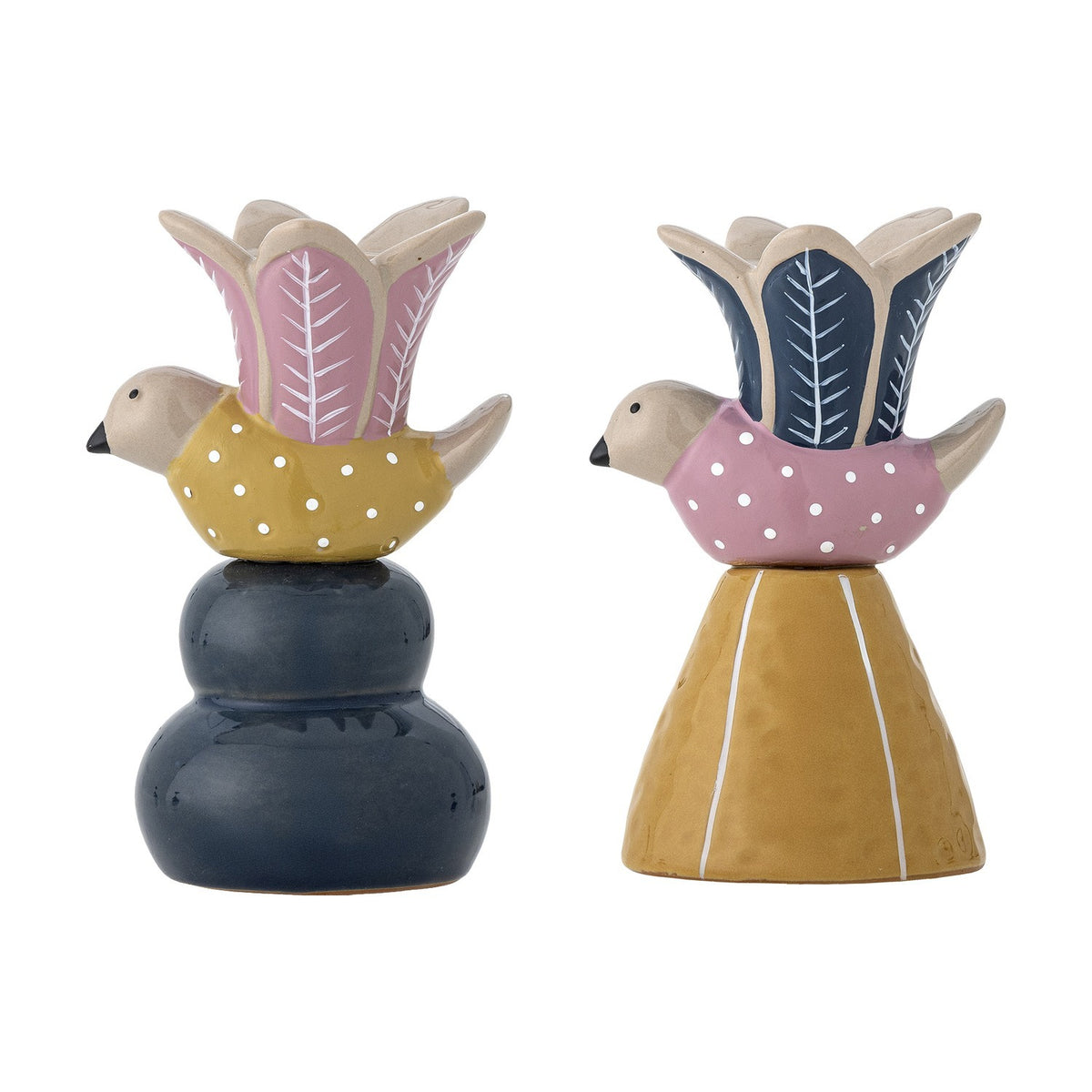 Swift Bird Stoneware Candle Holders, set of two, each with a dotted bird body and a painted leaf-pattern flower cup, on navy rounded and mustard conical bases, white background.