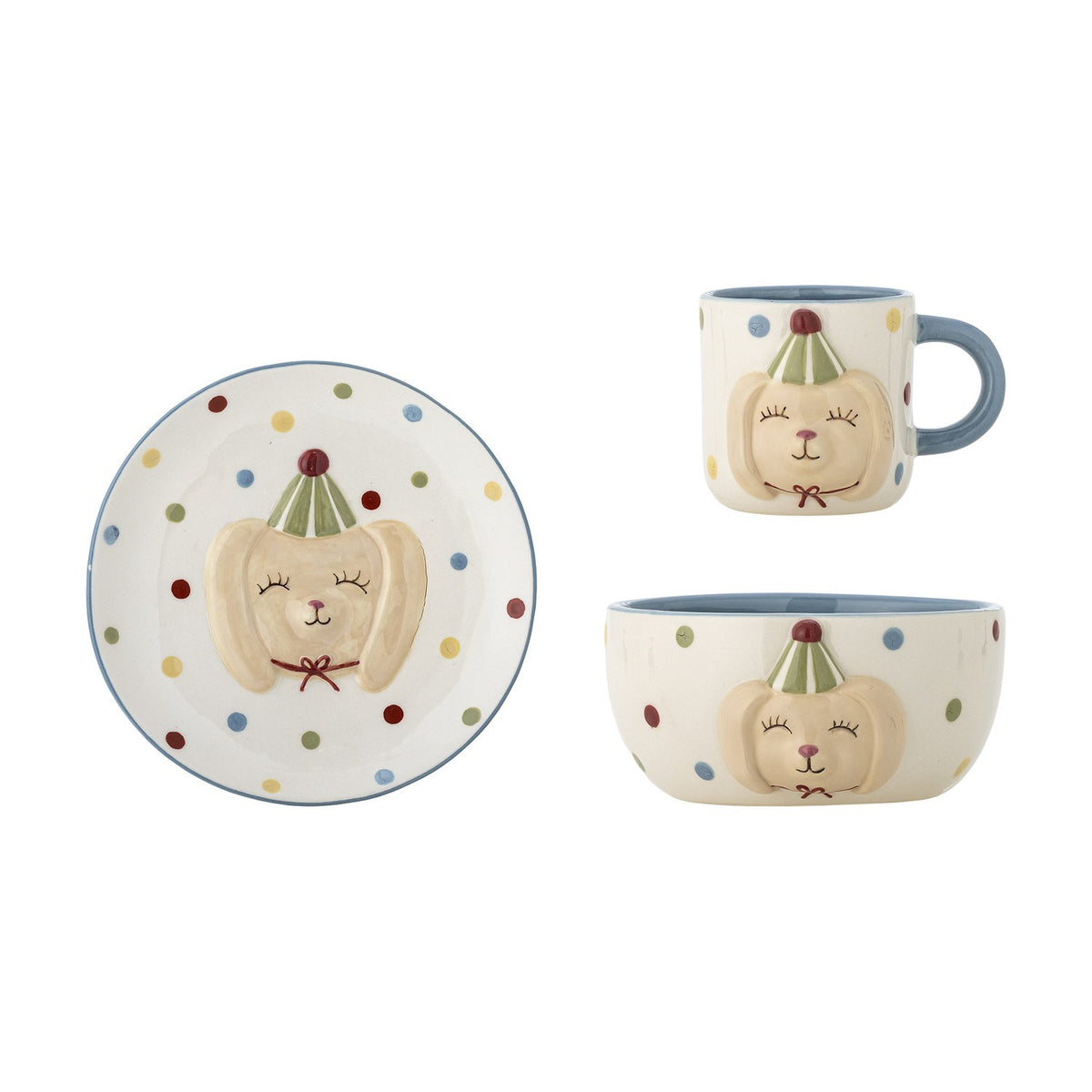 Party Dotted Stoneware Kids Dinner Set of 3 in multi, plate, mug and bowl with raised dog face in party hat and multicoloured polka dots, on a white background.