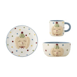 Party Dotted Stoneware Kids Dinner Set of 3 in multi, plate, mug and bowl with raised dog face in party hat and multicoloured polka dots, on a white background.