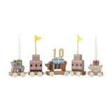 Party Birthday Decoration wooden train with five wagons featuring a cat, dog, and small animal figures, tiered cakes, candles, and a gold "10" topper, on a white background.