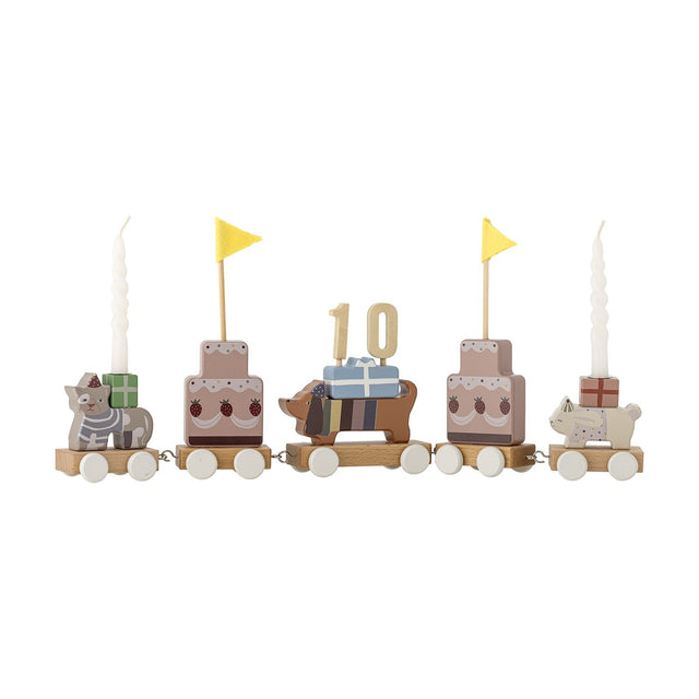 Party Birthday Decoration wooden train with five wagons featuring a cat, dog, and small animal figures, tiered cakes, candles, and a gold "10" topper, on a white background.