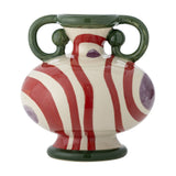 Betiva Striped Stoneware Vase 25.5cm with rounded cream body, red wavy stripes, purple spots, green rim, footed base and twin loop handles, on a white background.
