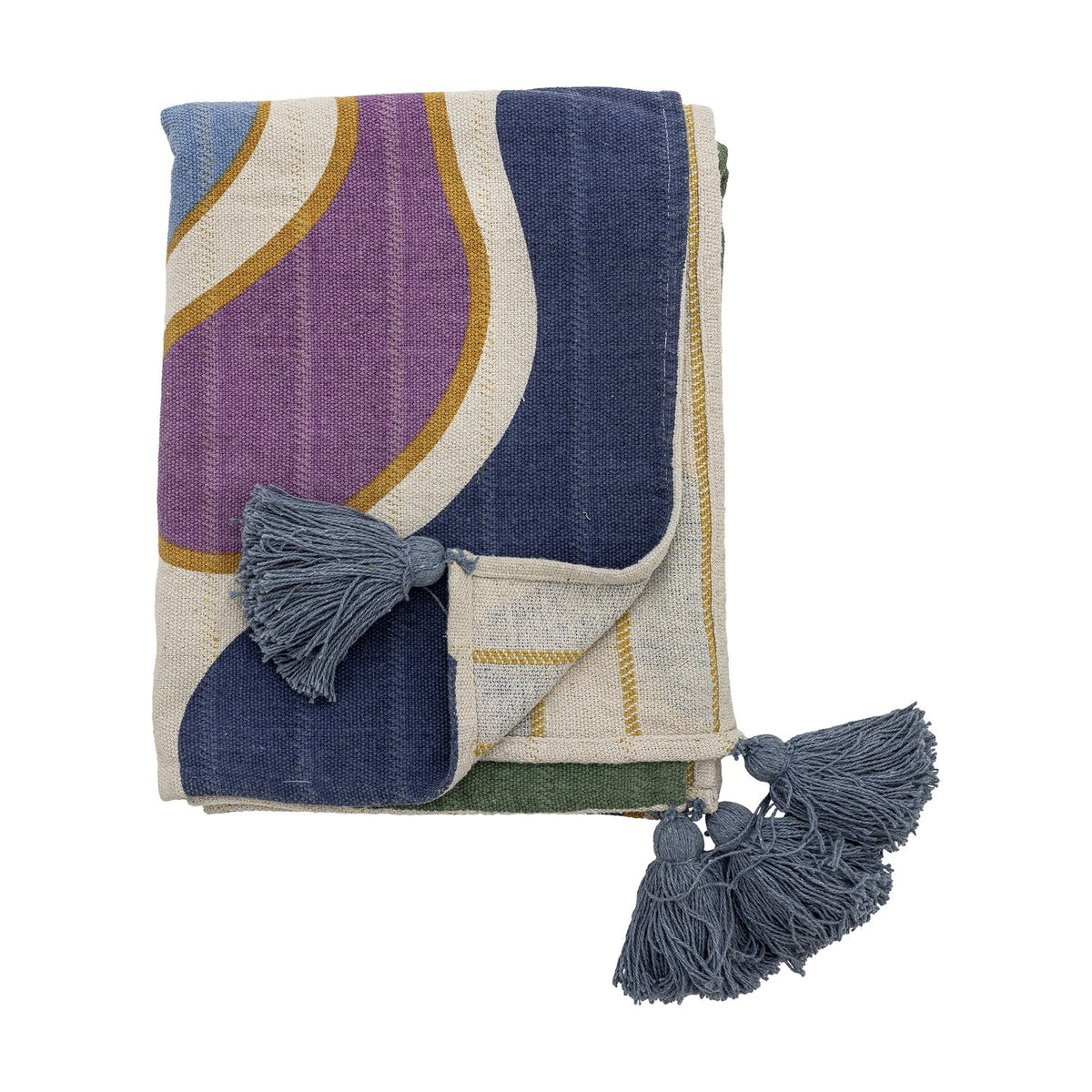 Salacia Throw in Multi, folded with curved abstract bands in purple, navy, and mustard outlines, finished with blue-grey tassels, shown on a white background.