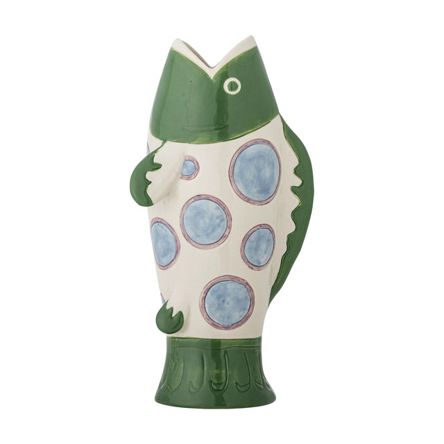 Irving Green Fish Stoneware Vase, 22cm, shaped like an upright fish with glossy green head, white body painted with blue ringed spots, raised fins and a flared tail base, on a plain white background.