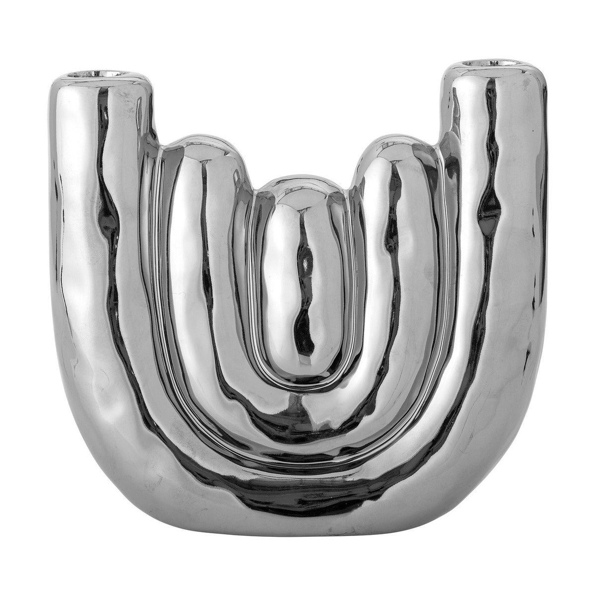 Shine Stoneware Candle Holder in Silver, a mirror-finish ceramic piece with nested U-shaped bands rising into two candle stems, shown on a plain white background.