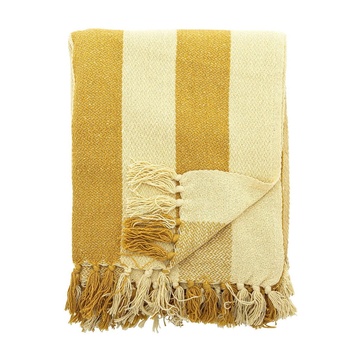Frello Striped Cotton Throw in yellow, folded to show broad mustard and cream stripes with knotted fringe trim, set against a plain white background.