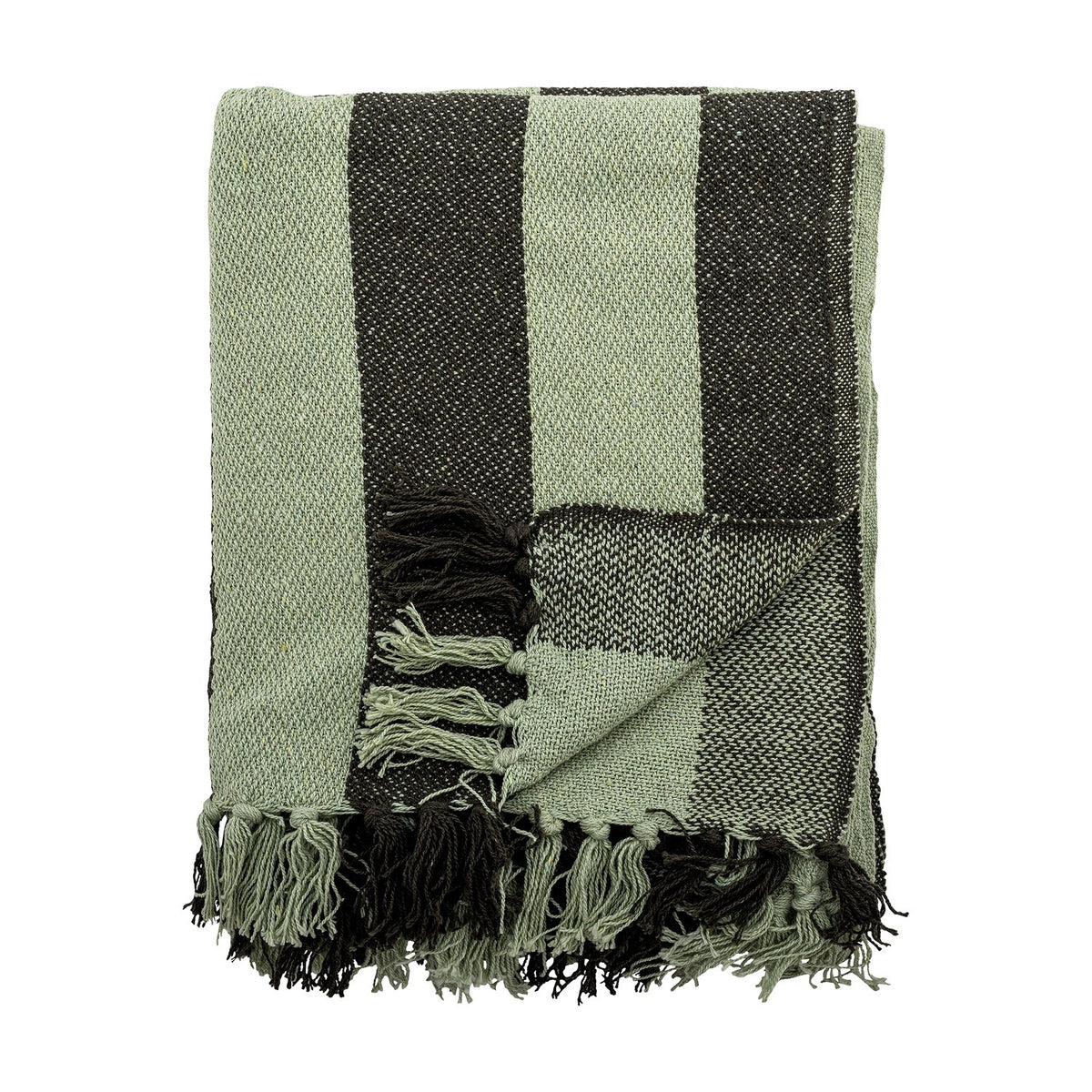 Frello Striped Cotton Throw in Green, folded with broad woven stripes in pale and deep green and knotted fringe tassels, shown on a white background.