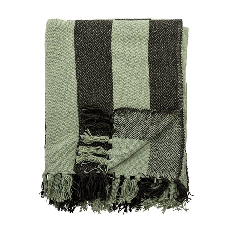 Frello Striped Cotton Throw in Green, folded with broad woven stripes in pale and deep green and knotted fringe tassels, shown on a white background.