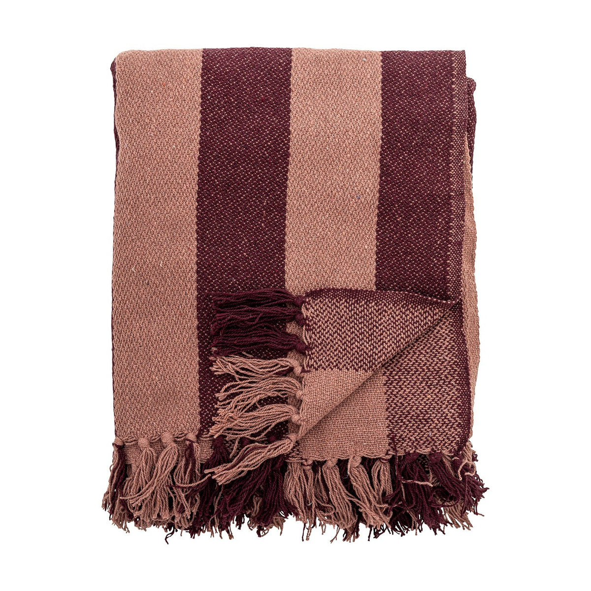 Frello Striped Cotton Throw in red, folded with wide stripes in light and deep red tones and knotted fringe tassels, shown on a plain white background.