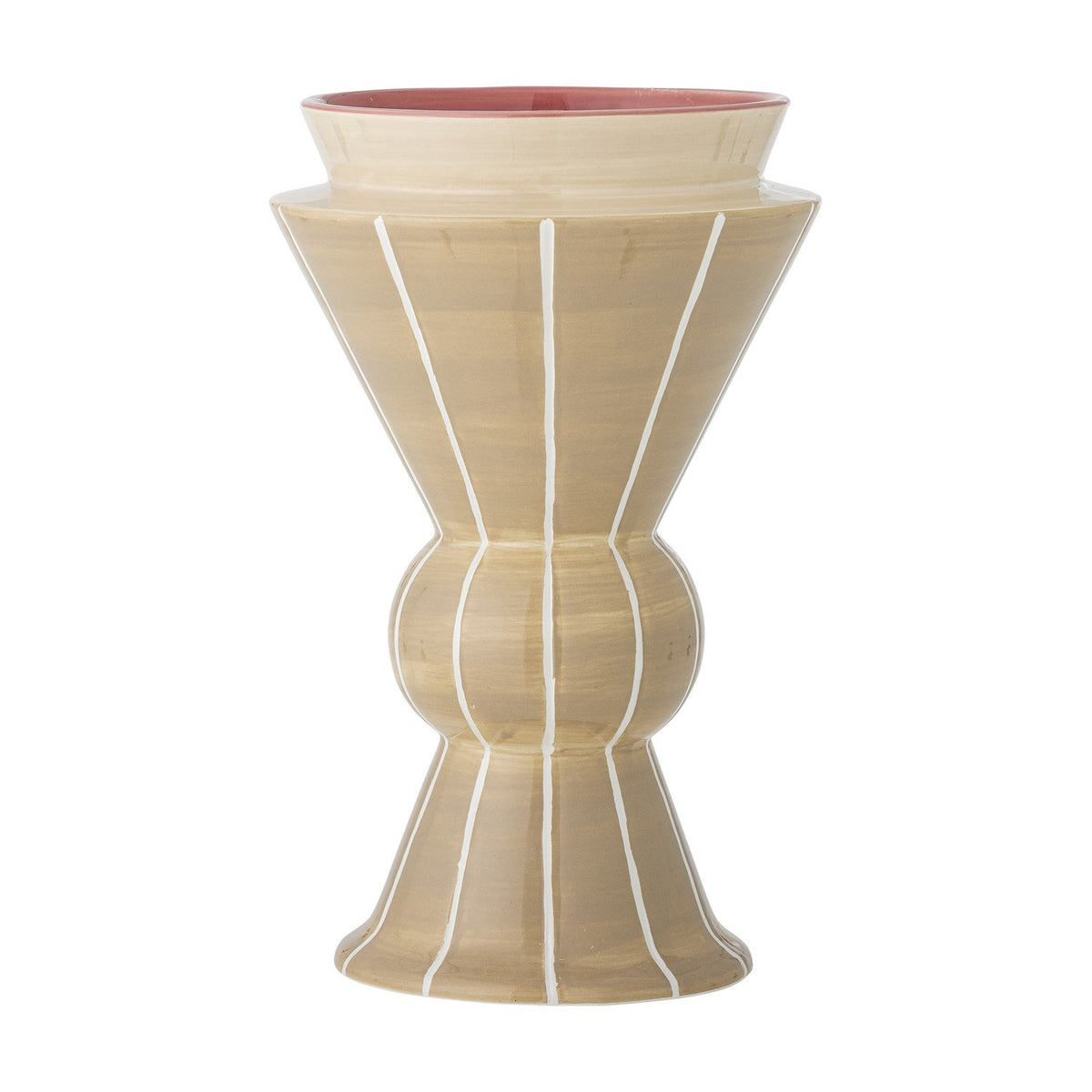 Trilla Striped Ceramic Vase 26.5cm in beige, hourglass shape with rounded bulb centre, vertical white stripes, and a pink-rimmed collar top, on a plain white background.