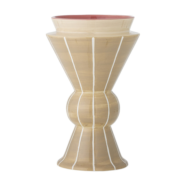 Trilla Striped Ceramic Vase 26.5cm in beige, hourglass shape with rounded bulb centre, vertical white stripes, and a pink-rimmed collar top, on a plain white background.