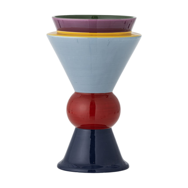 Trilla Ceramic Vase 26.5cm in Multi, a stacked ceramic form with a flared cone, round ball, flared foot, and banded collar in glossy red, blue, yellow, and purple, shown on a white background.