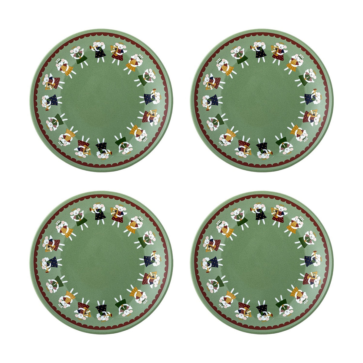 Set of four Peo stoneware Christmas side plates in green, each with a painted ring of angels holding trumpets and harps inside a scalloped border, shown on a white background.