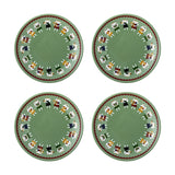 Set of four Peo stoneware Christmas side plates in green, each with a painted ring of angels holding trumpets and harps inside a scalloped border, shown on a white background.