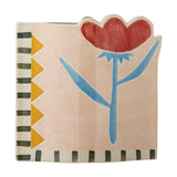 Vinia Floral Stoneware Vase 23cm in Multi, hand-painted with a red bloom, blue stem and leaves, striped and yellow triangle border, shaped top edge, on a plain white background.