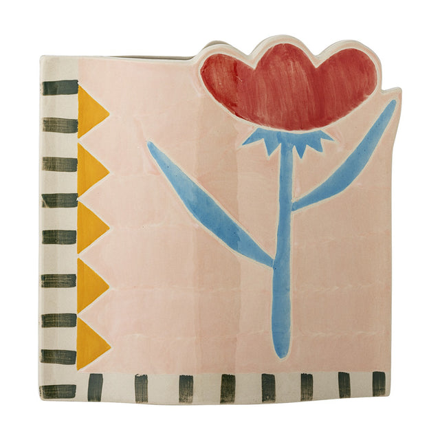 Vinia Floral Stoneware Vase 23cm in Multi, hand-painted with a red bloom, blue stem and leaves, striped and yellow triangle border, shaped top edge, on a plain white background.