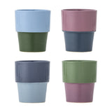 Ewan Blue Stoneware Cups, set of four 150ml ceramic cups in two-tone colour blocking—blue, pink, navy and green shades—on a plain white background.