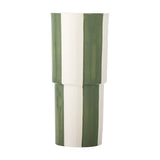 Floki Striped Stoneware Vase in green, tall cylindrical form with a subtle step at the middle, hand-painted vertical stripes on white ceramic, shown against a plain background.