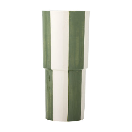 Floki Striped Stoneware Vase in green, tall cylindrical form with a subtle step at the middle, hand-painted vertical stripes on white ceramic, shown against a plain background.