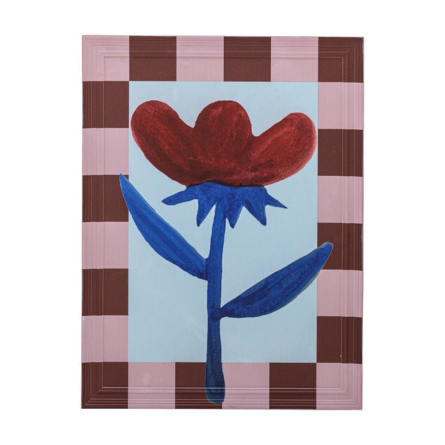 Vinia Floral Wooden Framed Print in multicoloured, featuring a red flower with blue stem and leaves on a pale blue background, bordered by a pink and brown checked wooden frame.