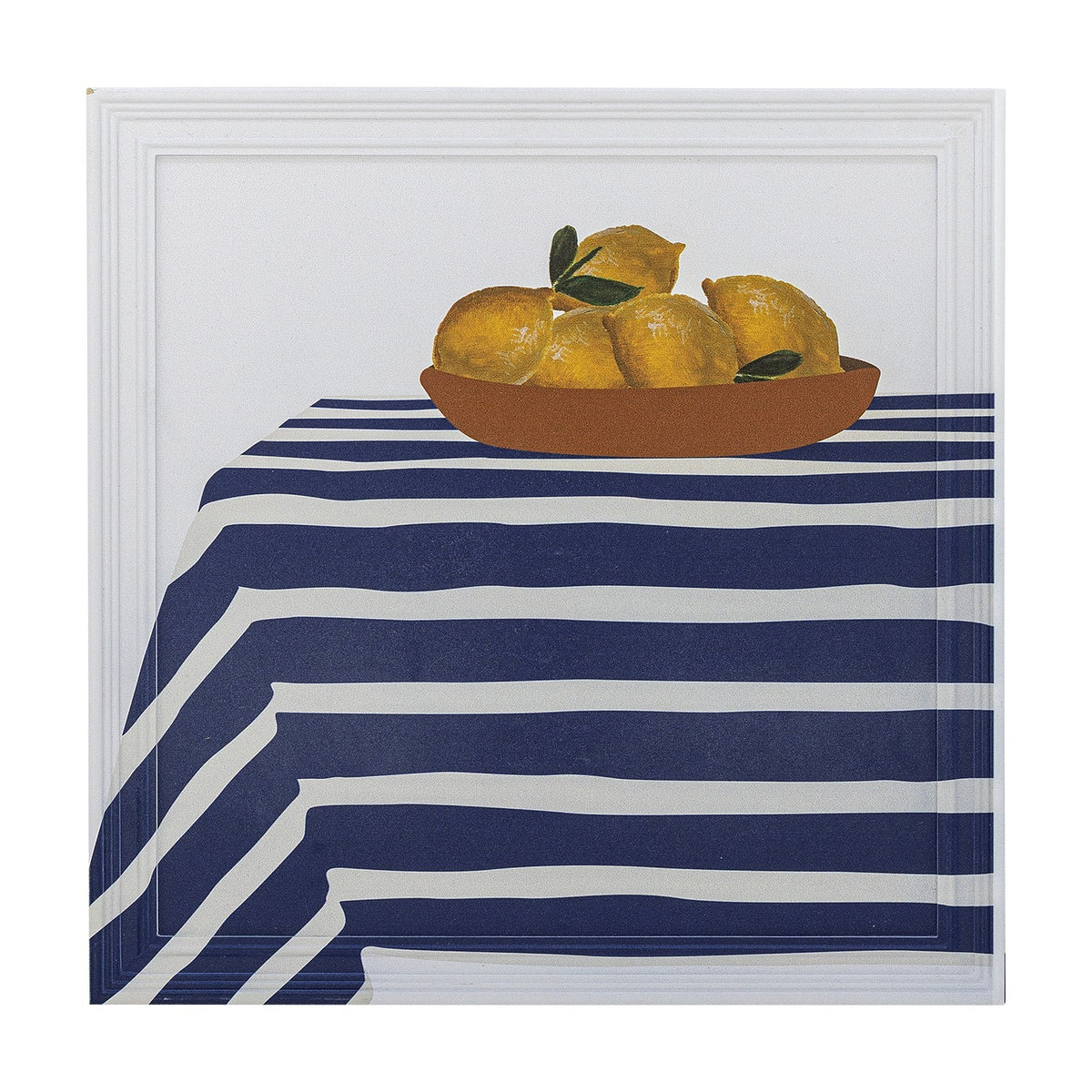 Limone Striped Wooden Framed Print 40x40cm, a still-life image of a bowl of lemons on a navy and white striped tablecloth, in a white wooden frame against a plain background.
