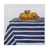 Limone Striped Wooden Framed Print 40x40cm, a still-life image of a bowl of lemons on a navy and white striped tablecloth, in a white wooden frame against a plain background.