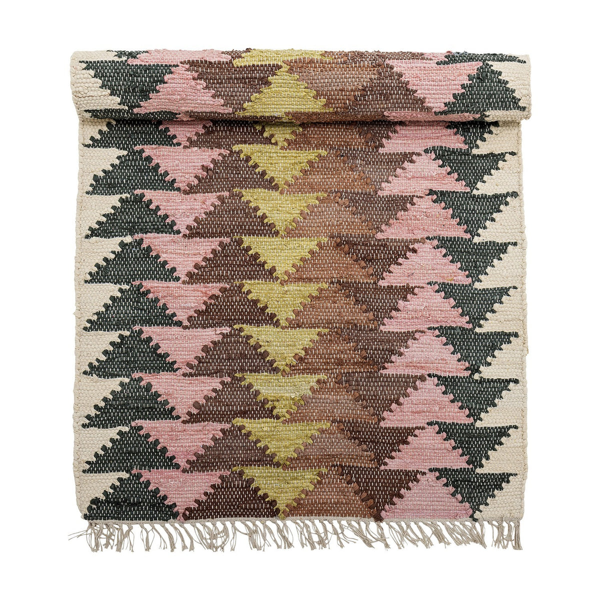 Desmond Geometric Cotton Rug, 180x80cm, with a mirrored triangle pattern in pink, mustard, brown and dark green on cream, fringed edges, shown rolled at the top on a white background.