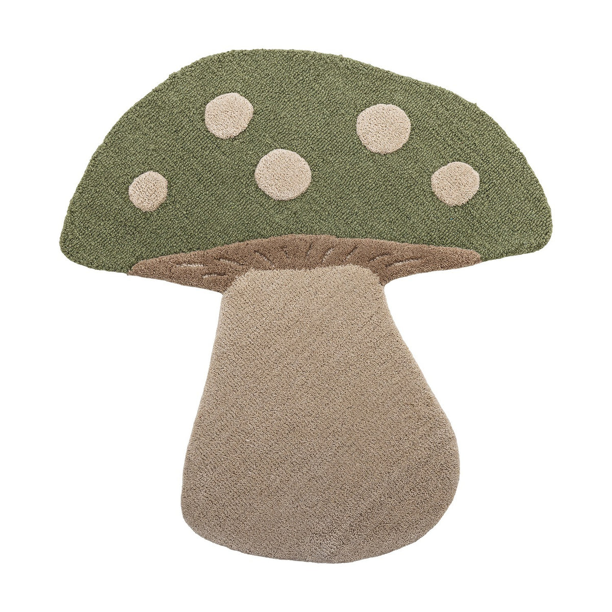 Mushroom Wool Rug 90x85cm in Green, tufted with a rounded green cap, cream spots, textured gills and a tan stem, shown on a plain white background.