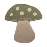 Mushroom Wool Rug 90x85cm in Green, tufted with a rounded green cap, cream spots, textured gills and a tan stem, shown on a plain white background.
