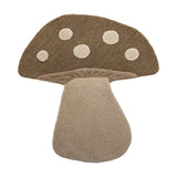 Mushroom Wool Rug 90x85cm in Brown, tufted with a textured brown cap, five lighter spots, carved gill detail and a cream stem, shown on a plain white background.