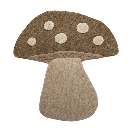 Mushroom Wool Rug 90x85cm in Brown, tufted with a textured brown cap, five lighter spots, carved gill detail and a cream stem, shown on a plain white background.