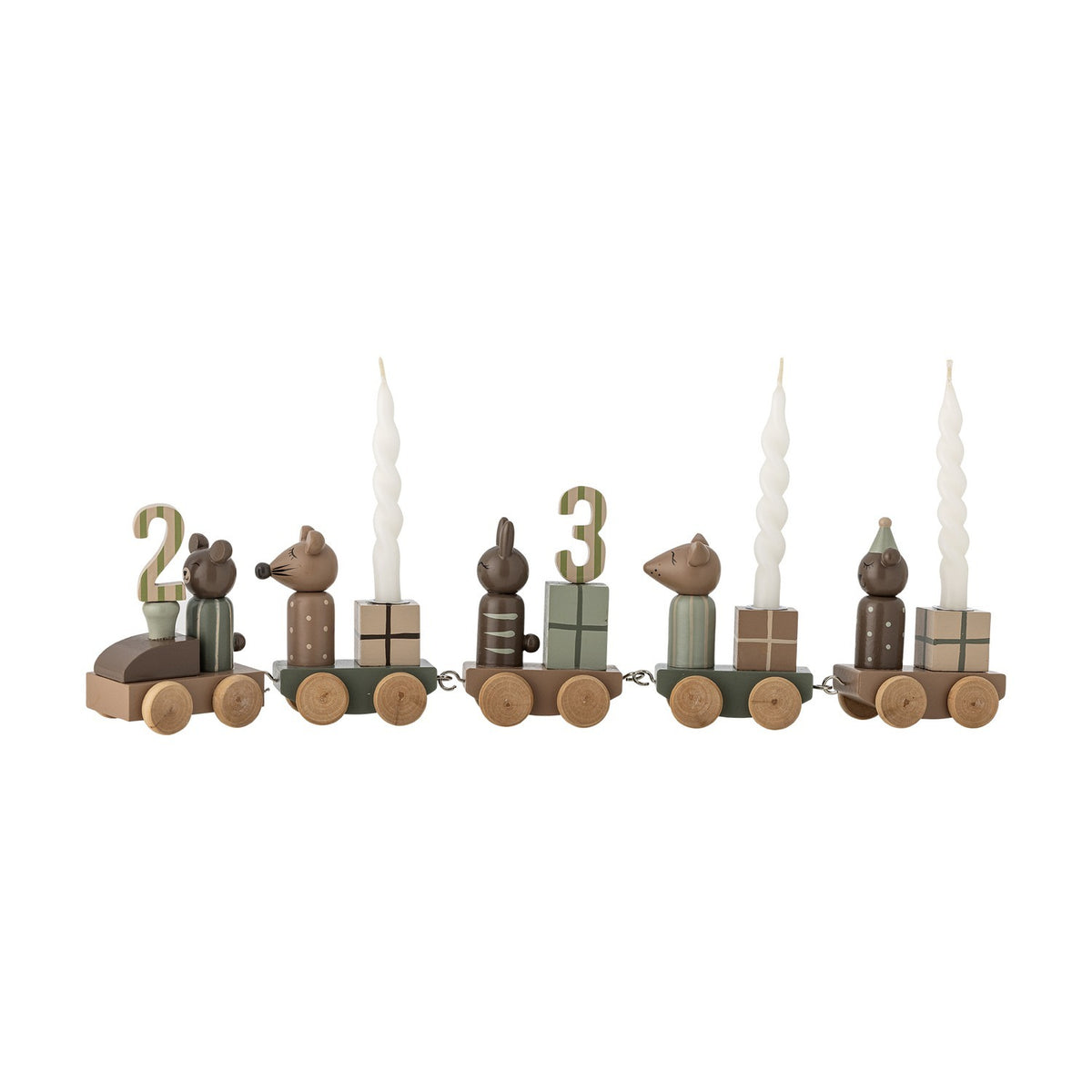 Junaid Dark Brown Birthday Decoration wooden train with numbered pegs, animal figures, gift-box carriages and candle holders on wheels, shown against a white background.