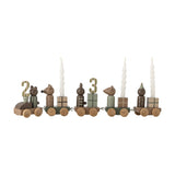 Junaid Dark Brown Birthday Decoration wooden train with numbered pegs, animal figures, gift-box carriages and candle holders on wheels, shown against a white background.